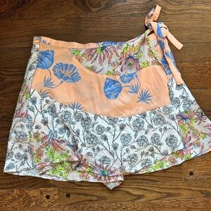 Free People Floral Print Wrap Shorts - Peach and Blue